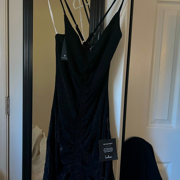 Black Sparkly Ruched Bodycon Mini Dress - Picture 3 of 3